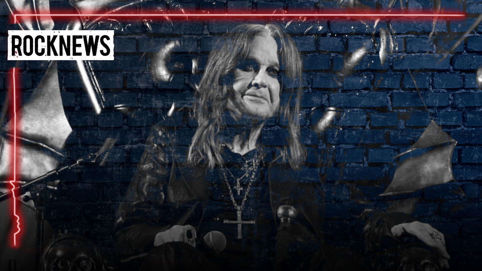 EIn schwarz-weiß gefärbtes Foto von Ozzy Osbourne in einer Rocknews-Grafikvorlage, in der zusätzlich die blaue BOB-Mauer zu erkennen ist sowie ein roter Neon-Rahmen und ein weißes Element, auf dem "Rocknews" geschrieben steht