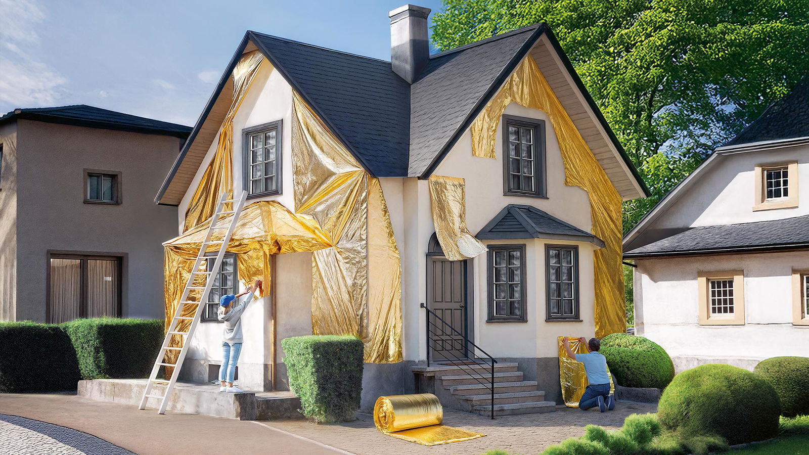 Symbolbild eines Hauses, das von außen saniert wird