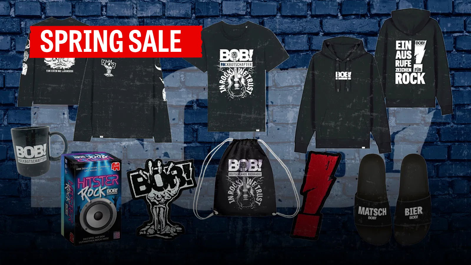 RADIO BOB! Shop mit rotem Banner mit Aufschrift Spring Sale