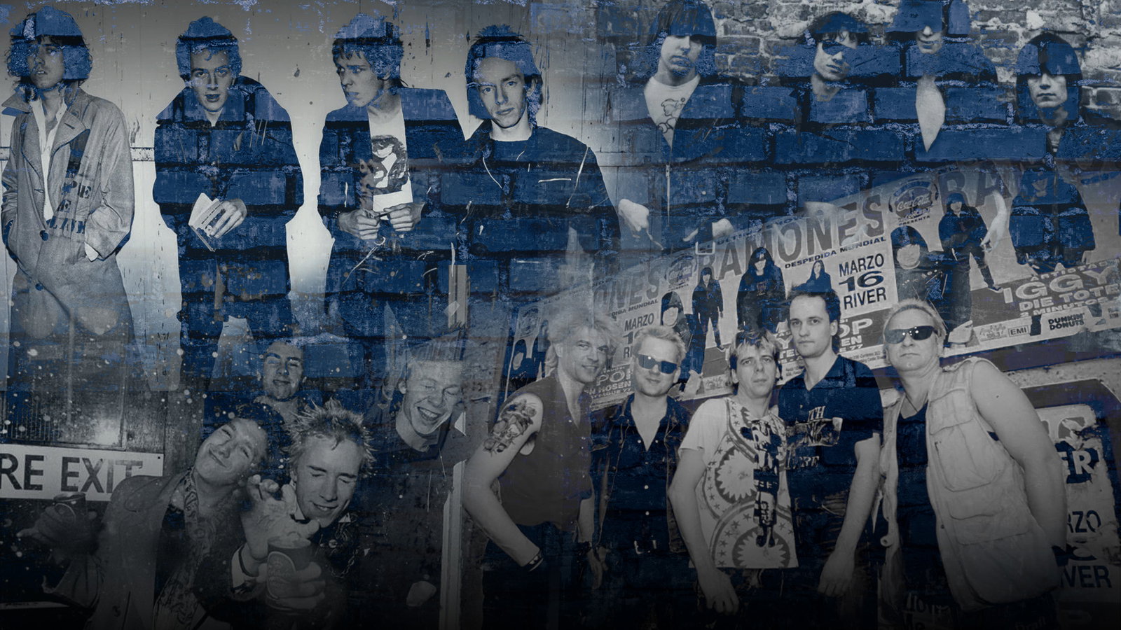 Artikel über legendäre Punkbands. Das Foto zeigt eine Collage aus 4 schwarz-weiß Fotos der Bands The Clash, Ramones, Sex Pistols und Die Toten Hosen