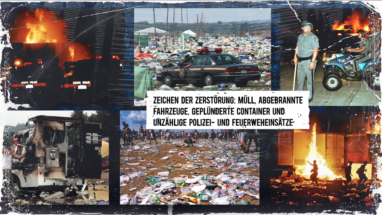 Woodstock `99: Zeichen der Zerstörung: Müll, abgebrannte Fahrzeuge, geplünderte Container und unzählige Polizei- und Feuerweheinsätze
